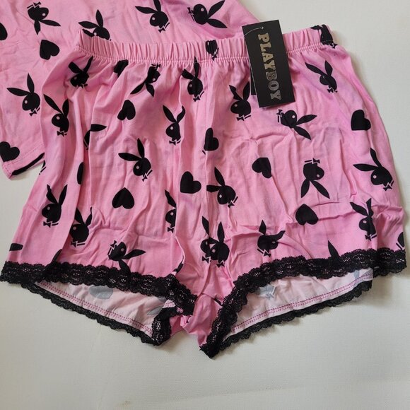Playboy Bunny Print Lace Trim 2 Piece Pajama Set - Picture 2 of 7
